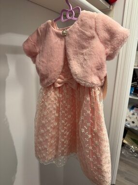 American Princess Pink Floral Lace Bow Formal Dress with Faux Fur Bolero